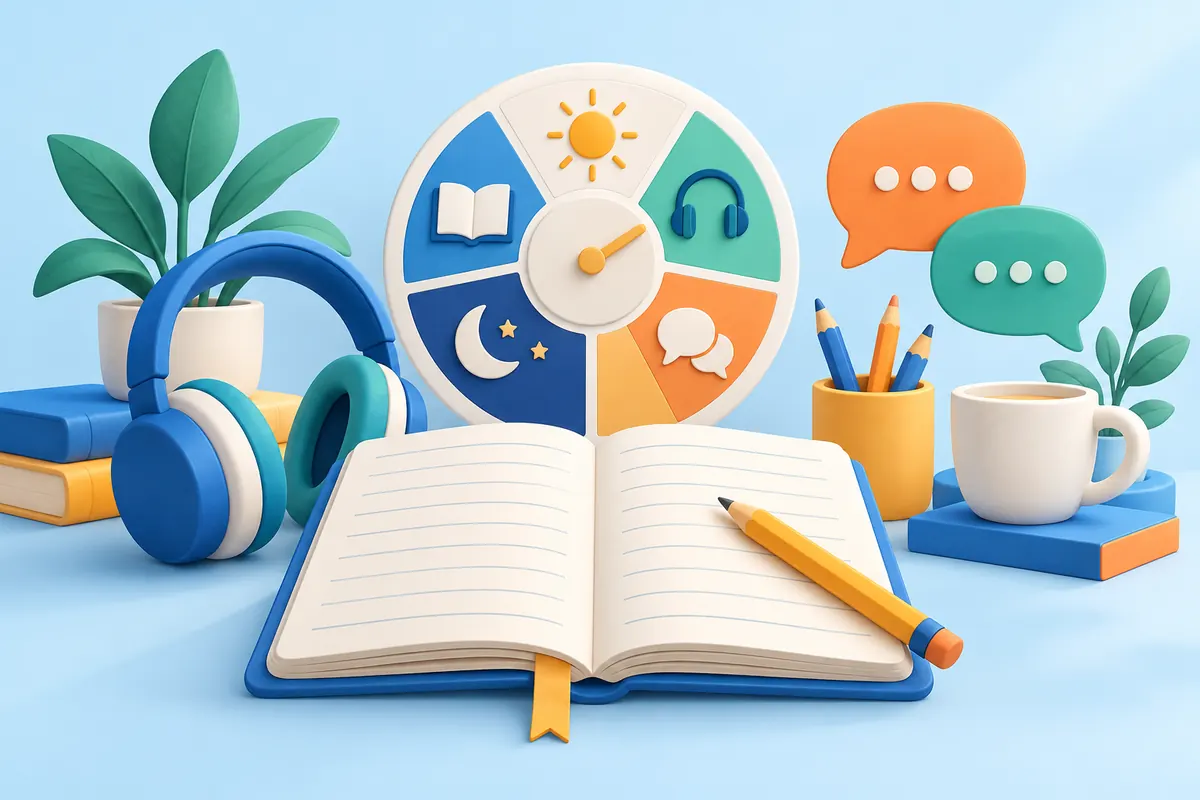 Notebook, headphones and daily plan for learning Russian