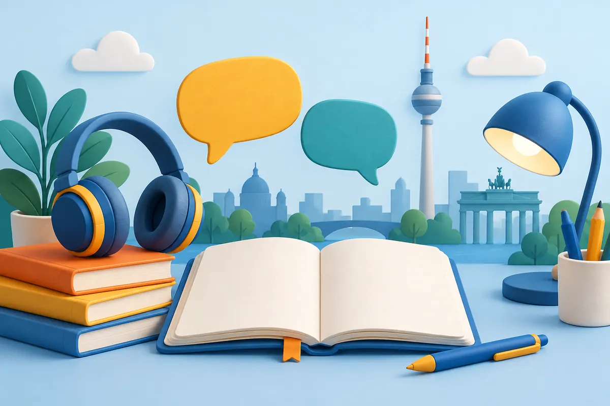 How to start learning German Notebook and headphones for learning German with Berlin in the background