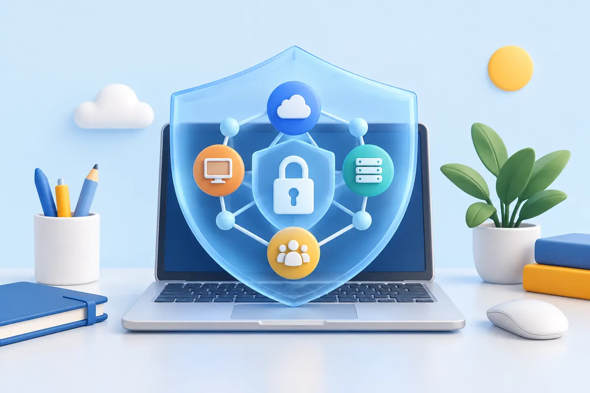 What is cybersecurity and where should you start? Blue shield and padlock protecting a laptop network