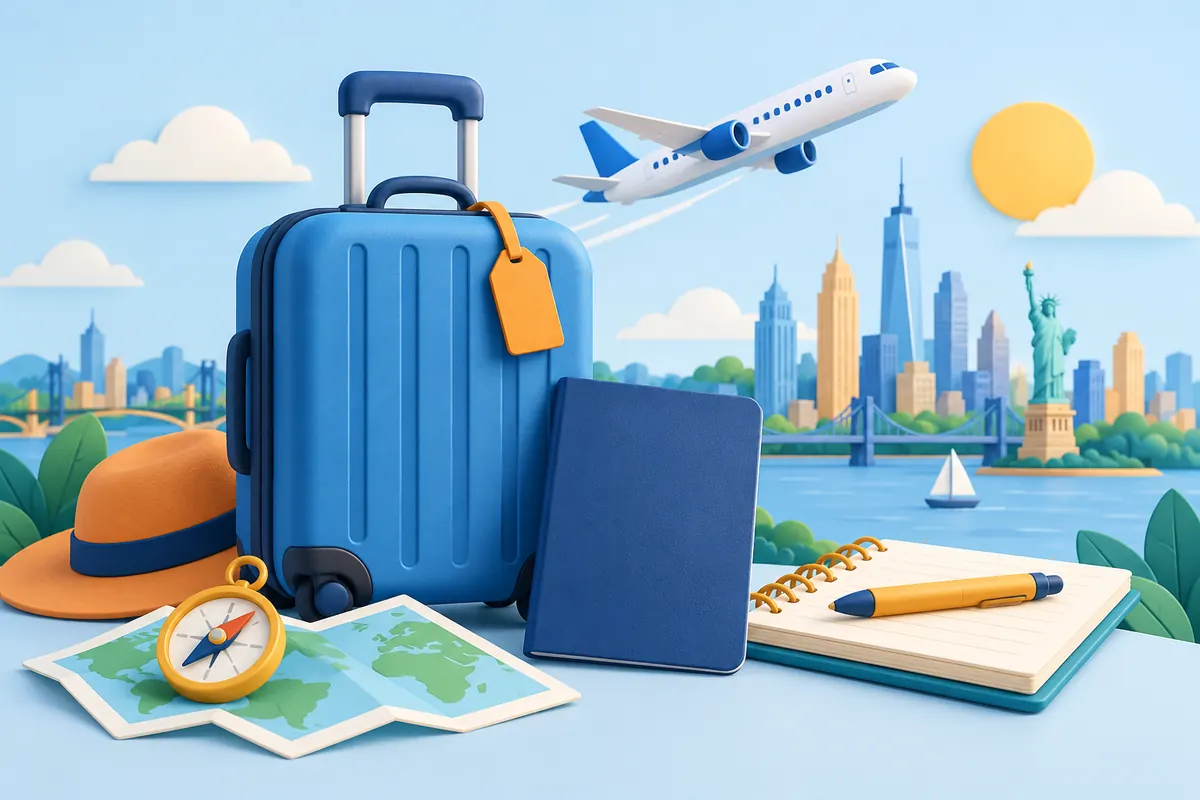 Чемодан, самолёт и блокнот для планирования поездки Work and Travel USA